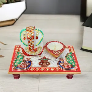 CHURU SANDALWOOD CARVED Marble Chowki with Ganesha Idol and Diya (6x4 Bajot) - Premium Pooja Ritual Platform