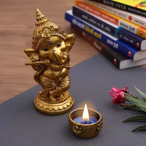 CHURU SANDALWOOD CARVED Ganesha Idol with Diya for Home Office Decor Bedroom Pooja Room(Golden-6 Inches)