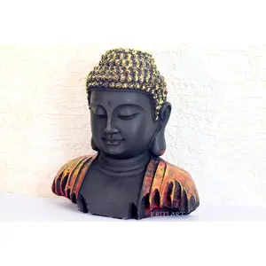 CHURU SANDALWOOD CARVED Trending Good Luck Vastu-fengshui Decorative Small Buddha Bust (Red-Golden Multicolor 7inch)