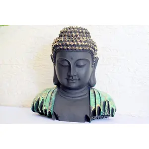 CHURU SANDALWOOD CARVED Trending Good Luck Vastu-fengshui Decorative Small Buddha Bust (Green-Golden Multicolor 7inch)