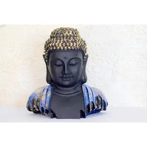 CHURU SANDALWOOD CARVED Trending Good Luck Vastu-fengshui Decorative Small Buddha Bust (Blue-Golden Multicolor 7inch)