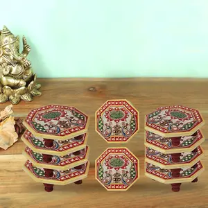 CHURU SANDALWOOD CARVED MRble Octagonal Chowki with Peacock Design for Puja diwali gifts for family and friends(3.9 Inch X 3.9 Inch X 1.1 Inch-Multicolor)