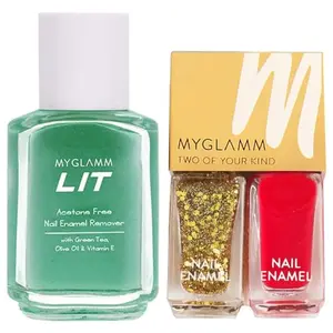 MyGlamm LIT Nail Enamel Remover-30ml & Two Of Your Kind Nail Enamel Duo Glitter Collection-High on Drama-10ml