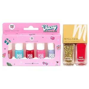 Myglamm Popxo Mini Nail Kit - Vacay-Bloody Mary Perfect Peach Beach Please Pink - Nic Sea Ya -15ml & Two Of Your Kind Nail Enamel Duo Glitter Collection-High on Drama-10ml
