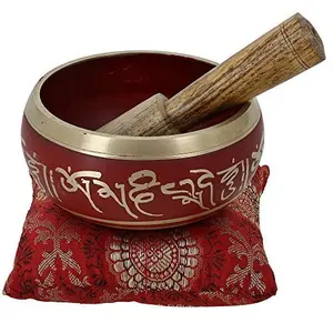 CHURU SANDALWOOD CARVED PRODUCTS 4 Inches Hand Painted Metal Tibetan Buddhist Singing Bowl Musical Instrument for Meditation with Stick and Cushion