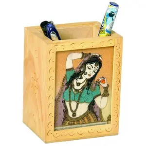 CHURU SANDALWOOD CARVED PRODUCTS Gemstone Painted Handcrafted Wooden Pen Stand (12.7 cm x 7.62 cm)