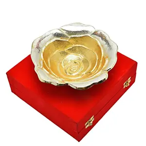 CHURU SANDALWOOD CARVED PRODUCTS Silver & Gold Plated Brass Sheet German Silver Rose Flower Bowl 4" Diameter with Free Spoon