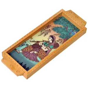 CHURU SANDALWOOD CARVED PRODUCTS Jaipuri Gemstone Painted Wooden Serving Tray (33.02 cm x 22.86 cm)