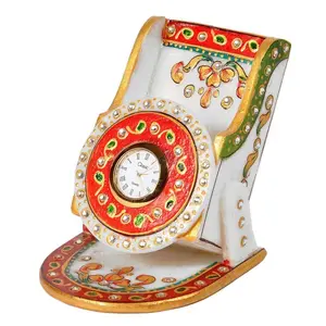 CHURU SANDALWOOD CARVED PRODUCTS Kundan Meenakari Marble Mobile Stand with Clock