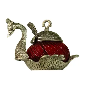 CHURU SANDALWOOD CARVED PRODUCTS Handicraft White Metal and Glass Duck Shaped Bowl with Spoon Set (Silver )
