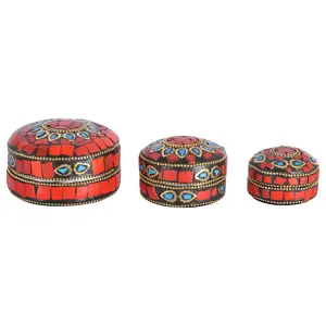 CHURU SANDALWOOD CARVED PRODUCTS Metal Latest Style Antique Sindoor Box/Sindoor Dibbi Handicraft Gift (Set of 3)