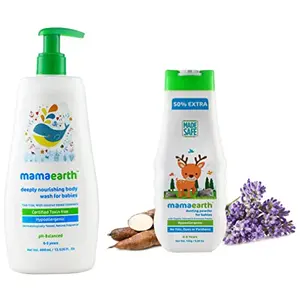 Mamaearth dusting powder with organic oatmeal & arrowroot powder 150g & Mamaearth Deeply Nourishing Natural Baby wash (400 ml 0-5 Yrs)