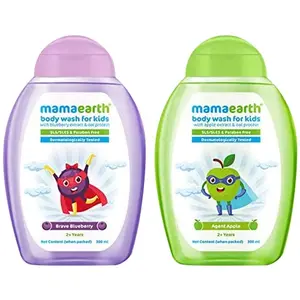 Mamaearth Agent Apple Body Wash for Kids with Apple & Oat Protein 300 ml & Brave Blueberry Body Wash For Kids with Blueberry & Oat Protein - 300 ml