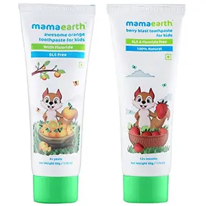 Mamaearth 100% Natural Berry Blast Kids Toothpaste 50 GmFluoride & Sls FreeNo Artificial Flavour & Mamaearth Natural Toothpaste Orange Flavour Sls FreeWith 750 Ppm Fluoride 4+ YearsPlant Based