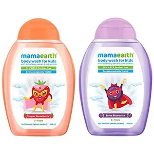 Mamaearth Brave Blueberry Body Wash For Kids With Blueberry & Oat Protein - 300 Ml & Super Strawberry Body Wash For Kids With Strawberry & Oat Protein    300 Ml