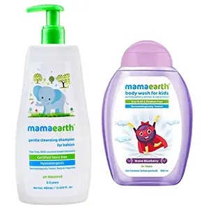 Mamaearth Gentle Cleansing Natural Baby Shampoo 400ml (White) & Brave Blueberry Body Wash For Kids with Blueberry Oat Protein 300 ml 1 count
