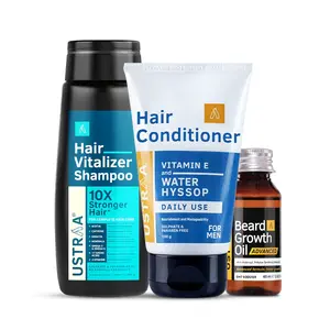 Ustraa Hair Vitalizer Shampoo - 250ml Daily Use Hair Conditioner -100ml and Beard Growth Oil Advanced - 60ml