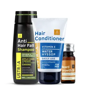 Ustraa Anti Hair Fall Shampoo with Apple Cider Vinegar - 250ml Hair Conditioner - 100g and Beard Growth Oil - 35ml