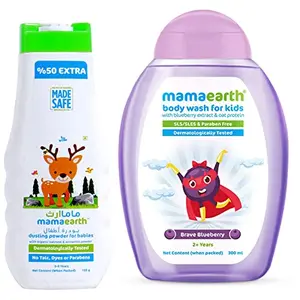 Mamaearth dusting powder with organic oatmeal & arrowroot powder 150g & Brave Blueberry Body Wash For Kids with Blueberry Oat Protein 300 ml 1 count