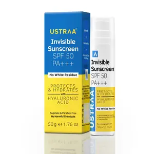 Ustraa Invisible Sunscreen - SPF 50 & PA+++ | 50ml | No White Residue | Lightweight & Fast Absorbing | with Hyaluronic Acid | For Men & Women | Fragrance-Free