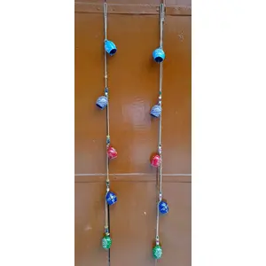 BEHAT BRASS WIND CHIMES - HANGING BELLS Hand Painted Lucky Festive Decor Metal Cow Bells On Jute Rope Set of 2 Handmade Collection