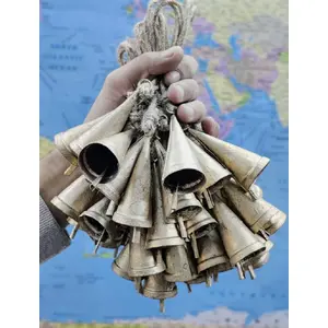 BEHAT BRASS WIND CHIMES - HANGING BELLS Big 7cm Handmade Vintage Rustic Lucky Tin Cone Shaped Cow Bells Set of 30 Festive Dcor Bells with Jute Rope