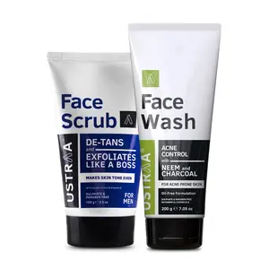 Ustraa De-Tan Face Scrub for Men - 100 g | Exfoliation & Tan Removal | No SLS & Face Wash Acne Control - With Neem & Charcoal - 200 g - Oil control Prevents Acne | Keeps Face non-oily | No SLS.