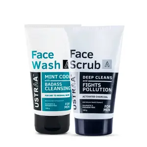 Ustraa Face Wash Dry Skin - Mint Cool - 100g and Activated Charcoal - Anti-pollution Face Scrub - 100g