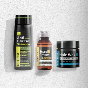 Ustraa Beard Growth Oil Advanced - 60ml Strong Hold Hair Wax Wet Look - 100g & Anti Hair Fall shampoo - 250ml