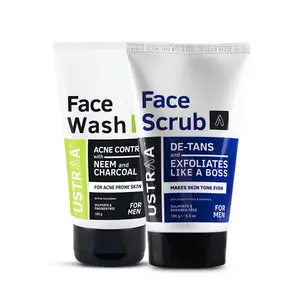 Ustraa Face Wash Neem & Charcoal - 100g and Face Scrub - De Tan - 100g