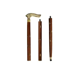 BIJNOR - METAL INLAY IN WOOD Handmade Wooden Folding Walking Stick 36 Inches - Handcrafted Walking Cane with Brass Handle - Gifts Ideas