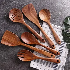 BIJNOR - METAL INLAY IN WOOD Handmade Wooden Non-Stick Serving and Cooking Spoon Kitchen Tools Utensil Set of 6