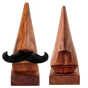 BIJNOR - METAL INLAY IN WOOD Handmade Wooden Nose Shaped Spectacle Specs Eyeglass Holder Stand with One Moustache - Set of 2