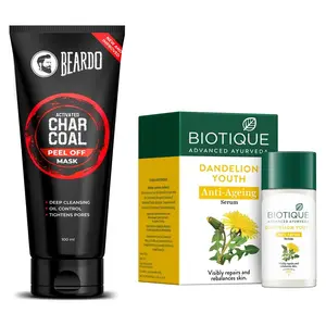 BEARDO Activated Charcoal Peel Off Mask 100g (100gm) and Biotique Bio Dandelion Visibly Ageless Serum 40 ml