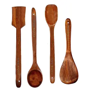 BIJNOR - METAL INLAY IN WOOD Handmade Wooden Non-Stick Serving and Cooking Spoon Kitchen Tools Utensil Set of 4