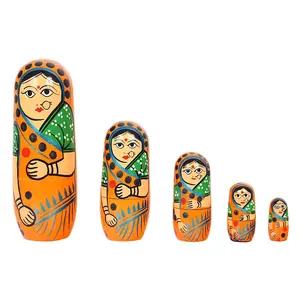BIJNOR - METAL INLAY IN WOOD Hand Painted - Nesting Doll - Wooden Decoration Gift Doll - Stacking Nested Wood Dolls for Kids - Set of 5 (5 Dolls in 1)