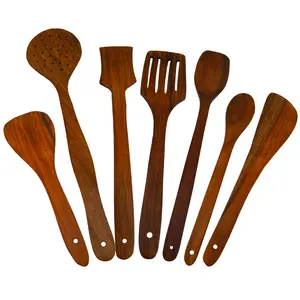 BIJNOR - METAL INLAY IN WOOD Handmade Wooden Non-Stick Serving and Cooking Spoon Kitchen Tools Utensil Set of 7