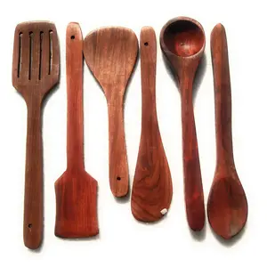 BIJNOR - METAL INLAY IN WOOD Handmade Wooden Serving and Cooking Spoon Kitchen Utensil - Set of 6