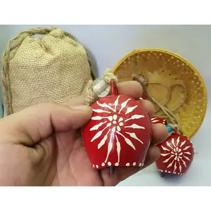BEHAT BRASS WIND CHIMES - HANGING BELLS 7cm Round Hand Painted Festive Dcor Hanging Bells On Jute Rope Set of 5 with Jute Bag Hand Painted (Red 7cm)