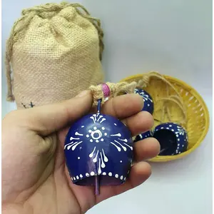 BEHAT BRASS WIND CHIMES - HANGING BELLS 7cm Round Hand Painted Festive Dcor Hanging Bells On Jute Rope Set of 5 with Jute Bag Hand Painted (Violet 7cm)