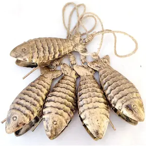 BEHAT BRASS WIND CHIMES - HANGING BELLS 15cm Rustic Fish Shape Bells On Rope Christmas Hanging Dcor Set of 5 Vintage Lucky Bell's