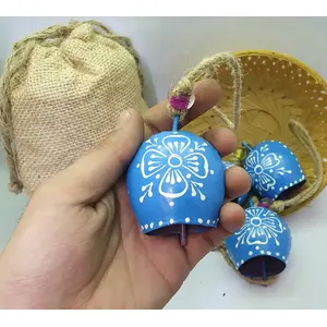BEHAT BRASS WIND CHIMES - HANGING BELLS 7cm Round Hand Painted Festive Dcor Hanging Bells On Jute Rope Set of 5 with Jute Bag Hand Painted (Blue 7cm)