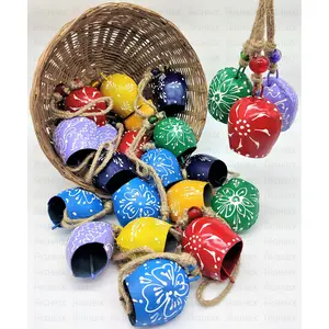 BEHAT BRASS WIND CHIMES - HANGING BELLS 7cm Hand Painted Festive Dcor Hanging Bells Set of 10 with Jute Bag Hand Painted (Multicolor 7cm)