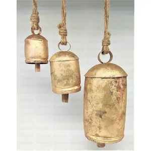 BEHAT BRASS WIND CHIMES - HANGING BELLS Vintage Rustic Tin Metal Cow Bells Set of 3 Wall Hanging Dcor Big Rustic Handmade Bells On Jute Rope