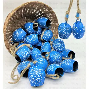 BEHAT BRASS WIND CHIMES - HANGING BELLS 7cm Hand Painted Festive Dcor Hanging Bells Set of 10 with Jute Bag Hand Painted (Blue 7cm)