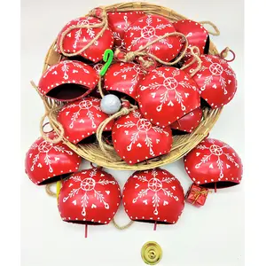 BEHAT BRASS WIND CHIMES - HANGING BELLS 10cm Big Hand Painted Festive Dcor Hanging Bells Set of 10 with Jute Bag Hand Painted (Red 10cm)