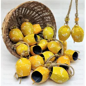 BEHAT BRASS WIND CHIMES - HANGING BELLS 7cm Hand Painted Festive Dcor Hanging Bells Set of 10 with Jute Bag Hand Painted (Yellow 7cm)