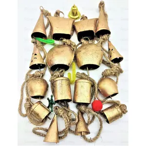 BEHAT BRASS WIND CHIMES - HANGING BELLS Set of 16 Indian Lucky Cow Bells Vintage Rustic Iron Bells Wall Hanging Dcor Bells On Jute Rope Mix Shape Bell