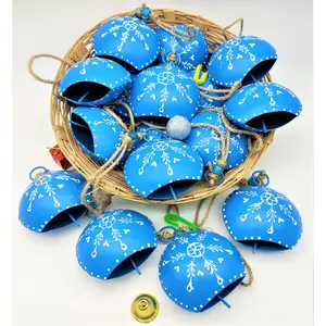 BEHAT BRASS WIND CHIMES - HANGING BELLS 10cm Big Hand Painted Festive Dcor Hanging Bells Set of 10 with Jute Bag Hand Painted (Blue 10cm)