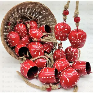 BEHAT BRASS WIND CHIMES - HANGING BELLS 7cm Hand Painted Festive Dcor Hanging Bells Set of 10 with Jute Bag Hand Painted (Red 7cm)